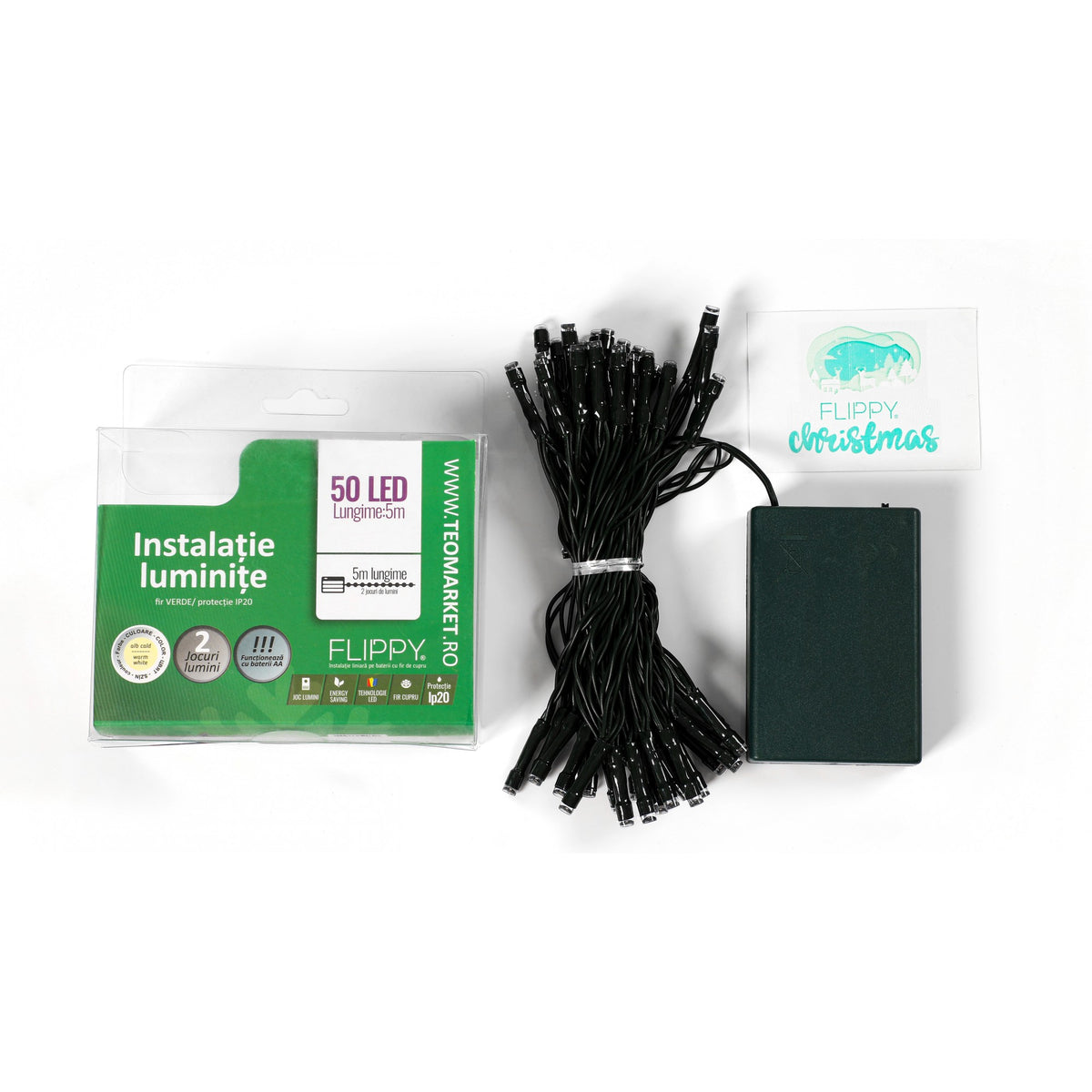 Instalatie de Craciun Tip Liniar, 50 LED-uri, Alimentare cu Baterii, 2 Functii de Lumina, Fir Verde, 5 m, Alb Cald