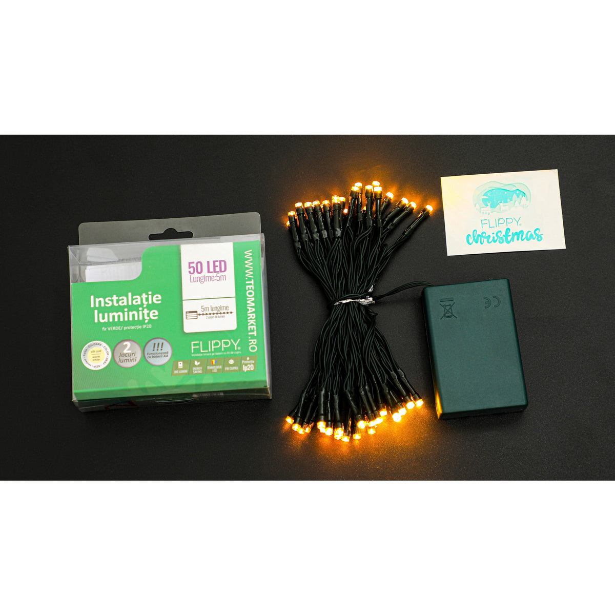 Instalatie de Craciun Tip Liniar, 50 LED-uri, Alimentare cu Baterii, 2 Functii de Lumina, Fir Verde, 5 m, Alb Cald