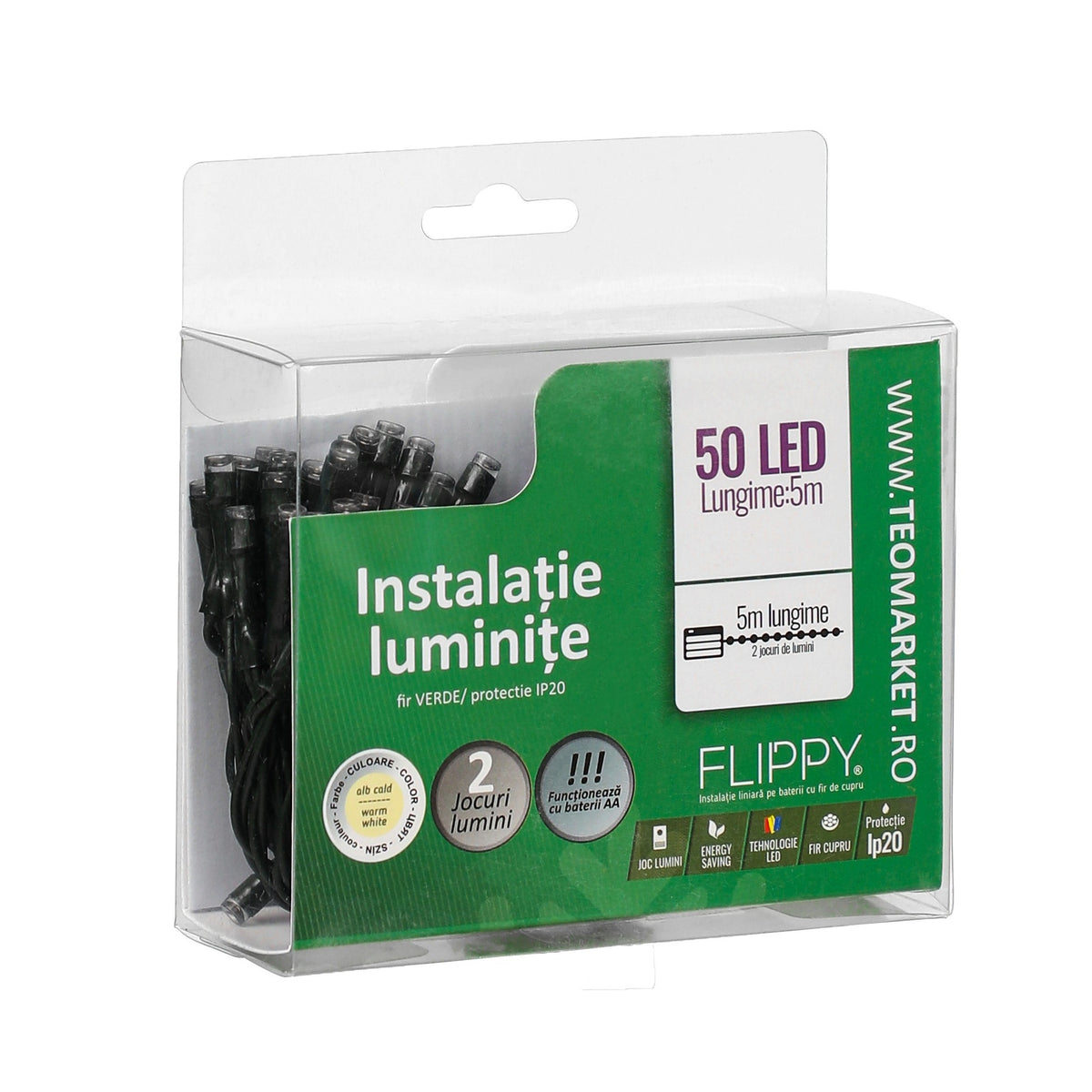 Instalatie de Craciun Tip Liniar, 50 LED-uri, Alimentare cu Baterii, 2 Functii de Lumina, Fir Verde, 5 m, Alb Cald