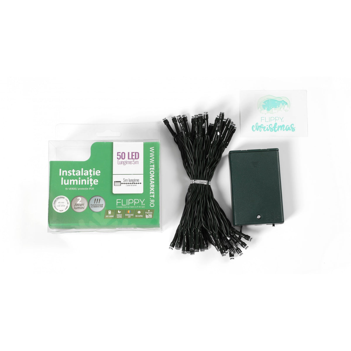 Instalatie de Craciun Tip Liniar cu Baterii, 50 LED-uri, 2 Moduri de Iluminare, Fir Verde, 5 m, Alb Rece