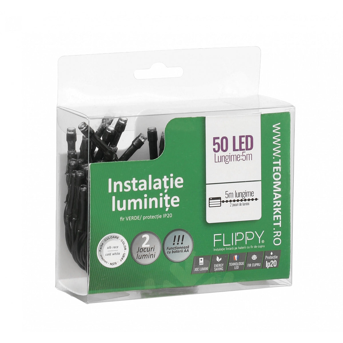 Instalatie de Craciun Tip Liniar cu Baterii, 50 LED-uri, 2 Moduri de Iluminare, Fir Verde, 5 m, Alb Rece