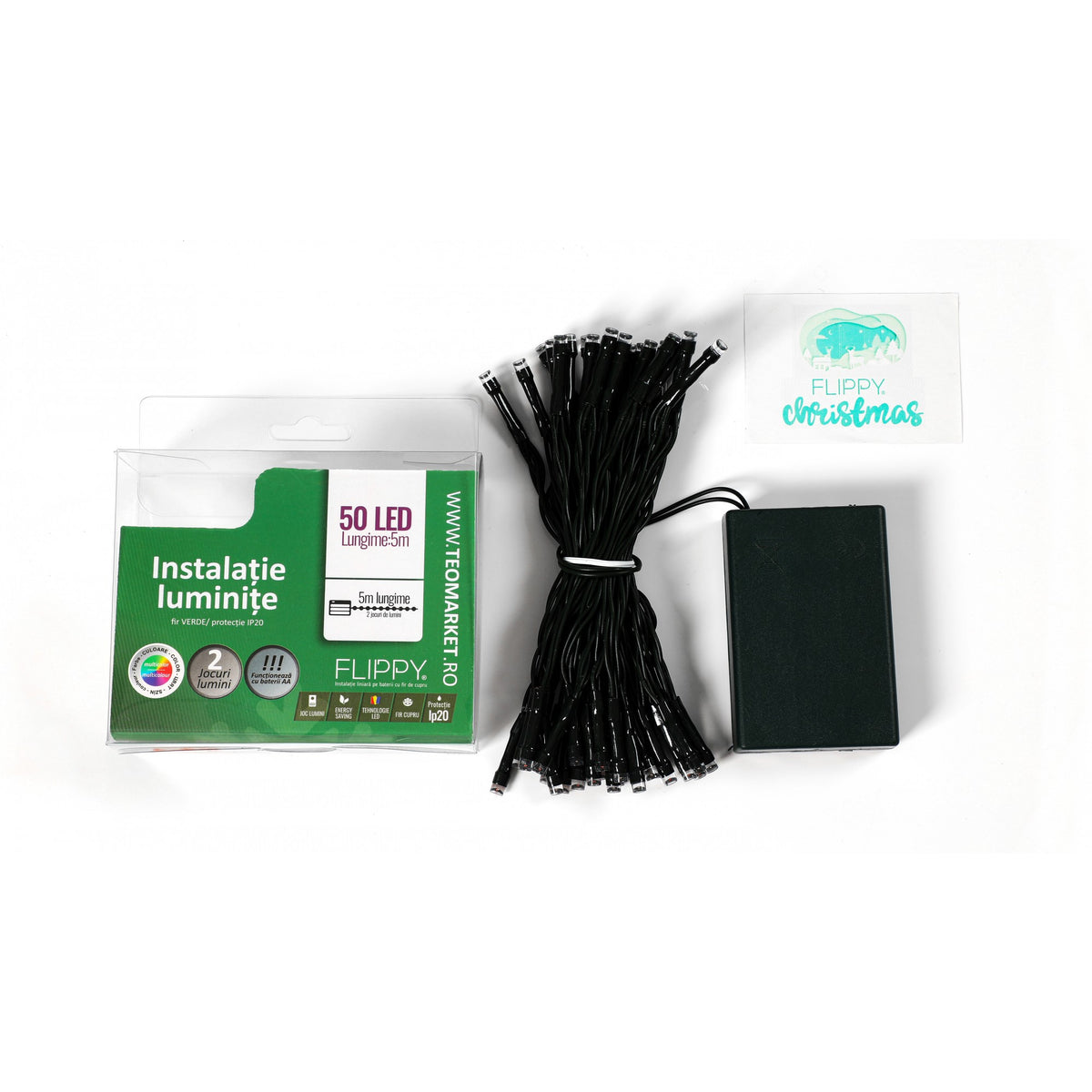 Instalatie de Craciun Tip Liniar cu 50 LED-uri, Alimentare pe Baterii, 2 Moduri de Iluminare, Fir Verde, Lungime 5 m, Multicolor