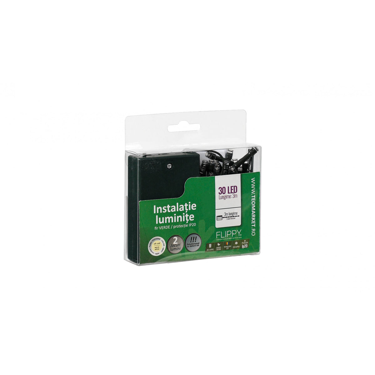 Instalatie De Craciun Liniara Cu Baterii, 2 Moduri De Iluminare, Fir Verde Din Plastic, 3 m, 30 LED-uri, Alb Cald