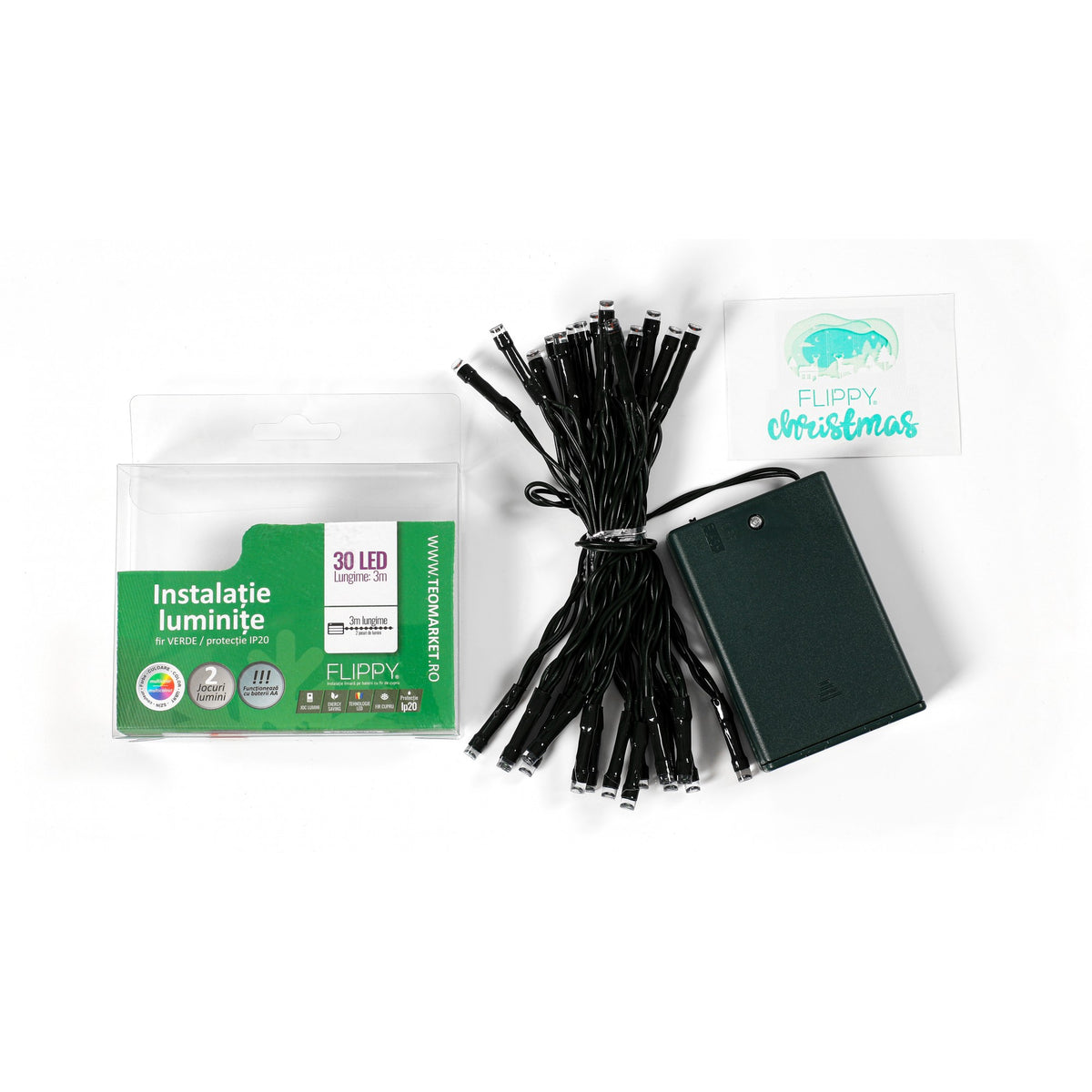 Instalatie de Craciun cu Baterii, Tip Liniar, 30 LED-uri, 2 Jocuri de Lumini cu Functie Flash, Fir Verde din Cupru, Interior, IP20, 3 m, Multicolor