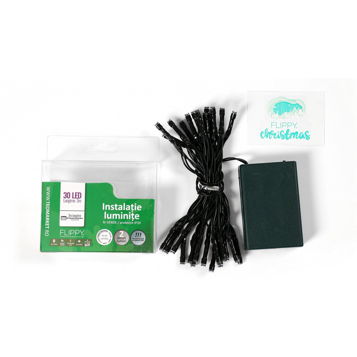 Instalatie de Craciun Tip Liniar cu Baterii, 2 Functii de Iluminare, Fir Verde, 3 m, 30 LED-uri, Alb Rece