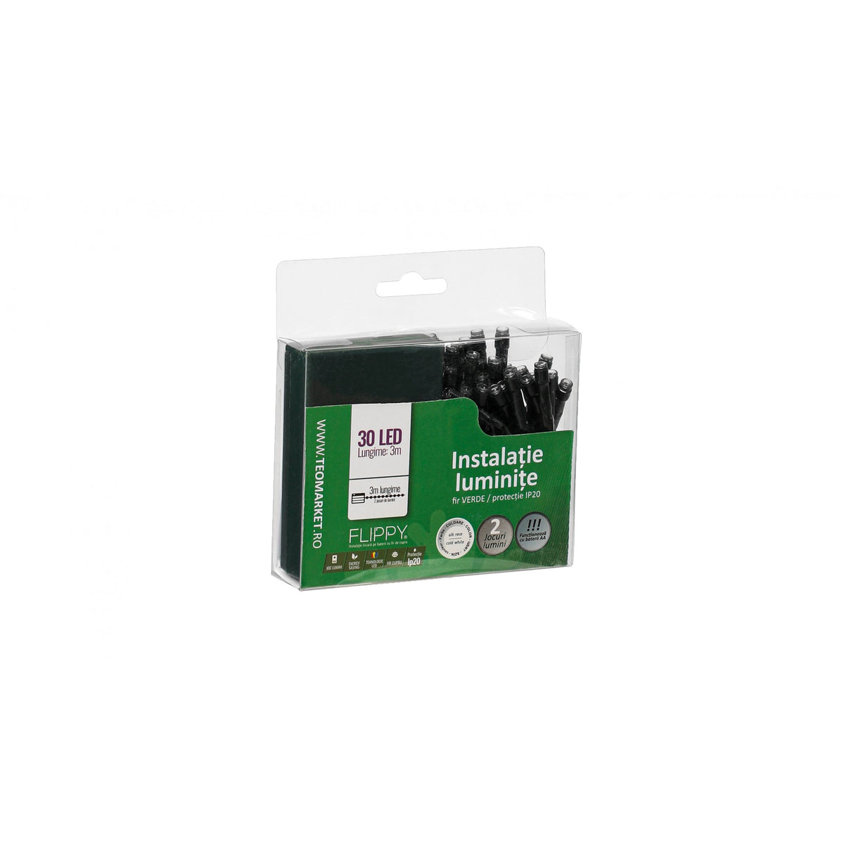 Instalatie de Craciun Tip Liniar cu Baterii, 2 Functii de Iluminare, Fir Verde, 3 m, 30 LED-uri, Alb Rece
