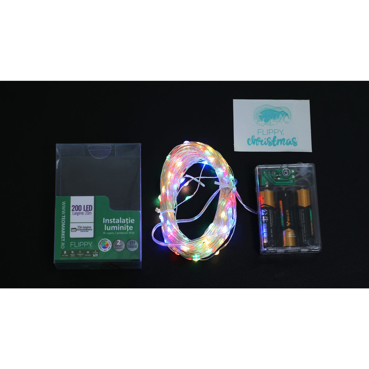 Instalatie de Craciun Liniara, 200 LED-uri, 2 Jocuri de Lumini, Alimentare Baterii, Fir Cupru Flexibil, Interior si Exterior, 20 m, Multicolor