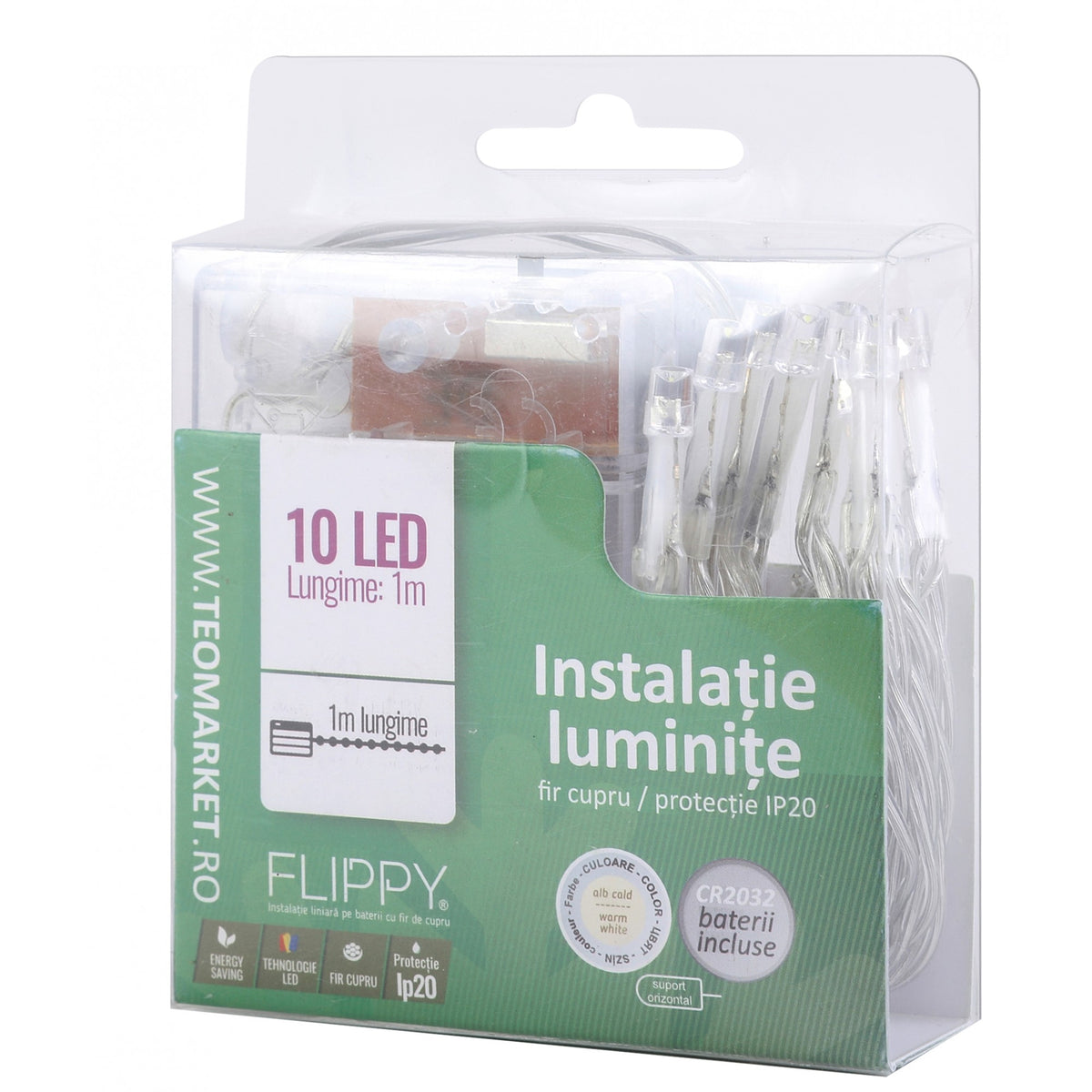 Instalatie De Craciun Liniara Cu Baterii, 10 LED-uri Cu Functie Flash, Fir Transparent Din Cupru, Interior, 1 m, Alb Rece