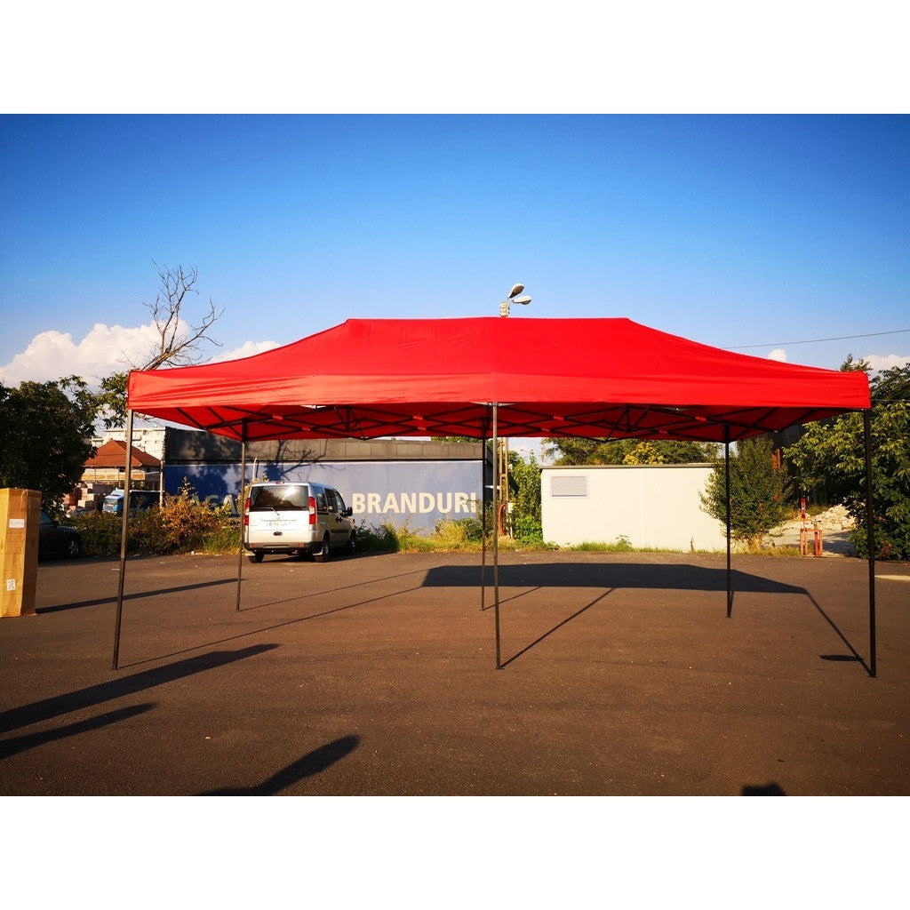 Cort Pavilion Pliabil, Prelata Impermeabila, Cadru Metalic cu Picioare Telescopice, Deschidere Tip Harmonica, 3x6m, Rosu