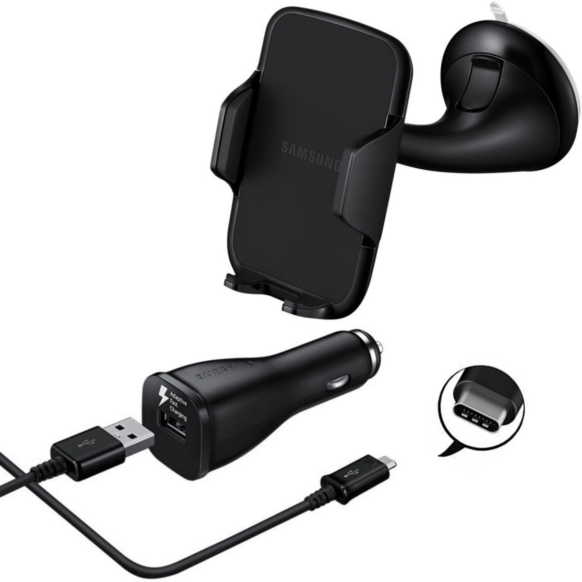 Samsung Suport Auto cu Ventuza pentru Parbriz si Incarcator Auto Rapid, Cablu USB Type-C 1.5 m Inclus, Universal pentru Smartphone 4.0-5.7 inch, Negru