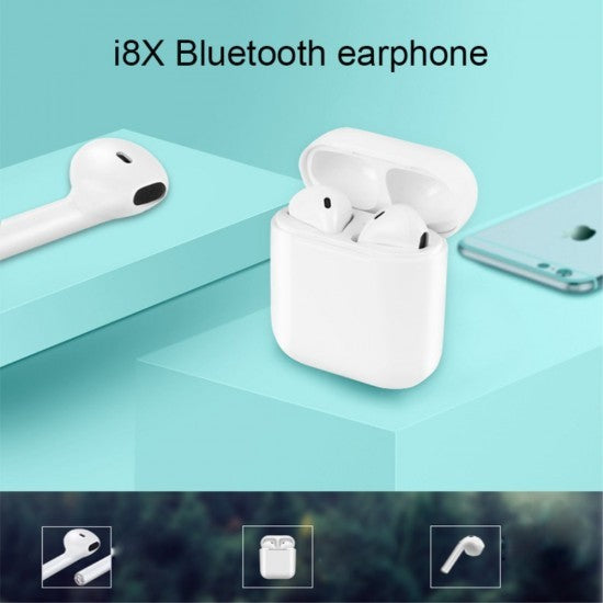 Casti Wireless Bluetooth MKJ-I8X, Earbuds In-Ear, Tehnologie TWS, Carcasa de Incarcare, Alb