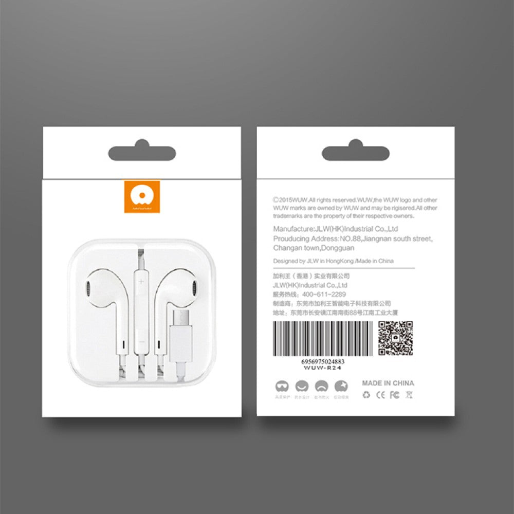 WUW R24 Casti Audio In-Ear cu Microfon, Conector USB Type-C, Sunet Stereo, Plastic, Alb