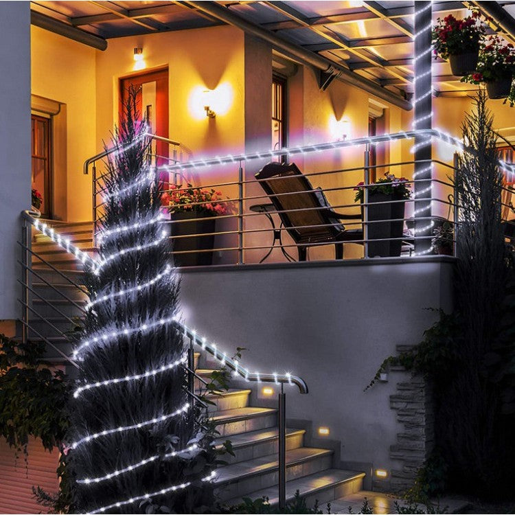 Instalatie Luminoasa De Craciun Tip Furtun, Incarcare Solara, 300 LED-uri, 8 Programe De Iluminat, Fir Cupru Exterior, 32 m, Alb Rece
