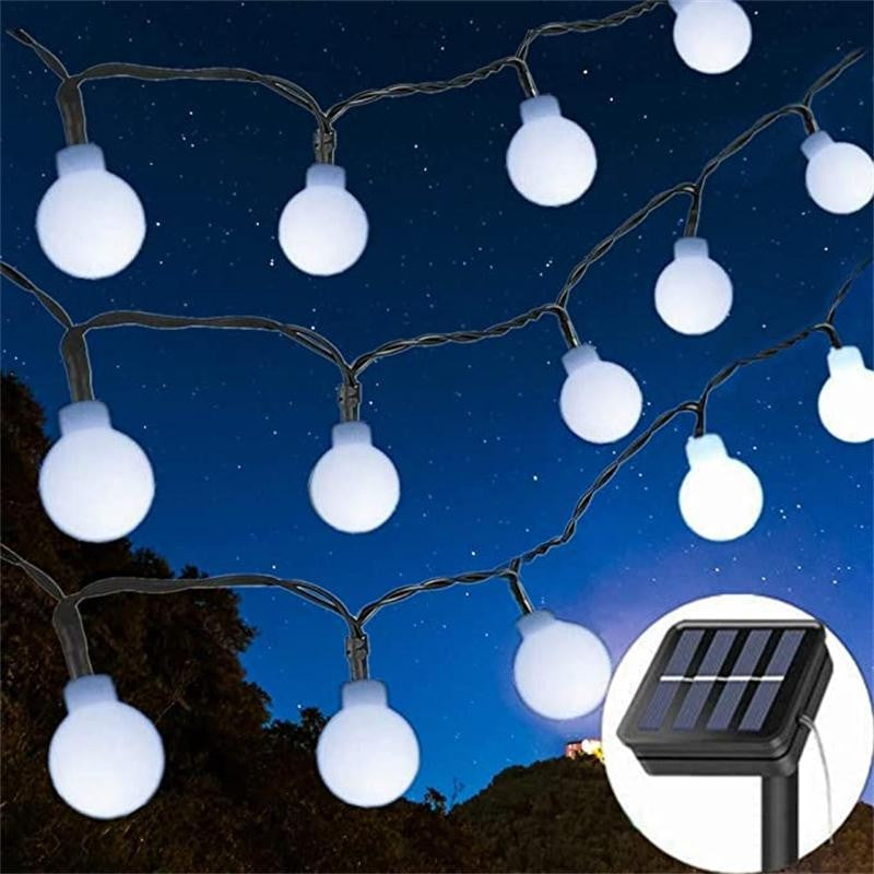 Instalatie Craciun Solara cu 100 LED-uri, Ornament Tip Bulb, 8 Jocuri de Lumini, Senzor Crepuscular, Tip Liniar, Interior si Exterior, Lungime 12 m, Alb Rece