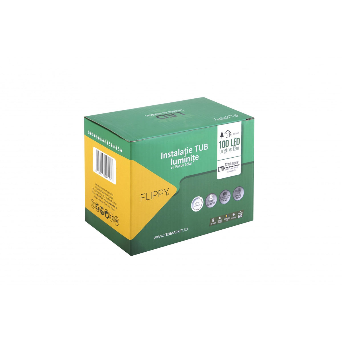 Instalatie Luminoasa Craciun cu LED Tip Tub, Incarcare Solara si Senzor Lumina, 8 Moduri de Iluminat, Lungime 12m, 100 LED-uri, Alb Cald