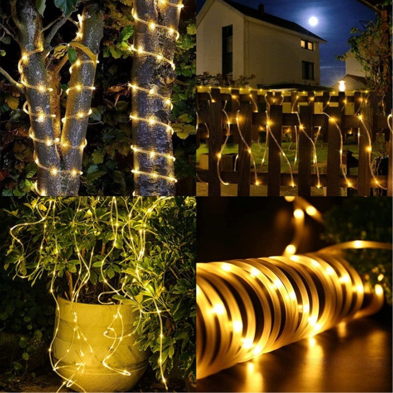 Instalatie Luminoasa Craciun cu LED Tip Tub, Incarcare Solara si Senzor Lumina, 8 Moduri de Iluminat, Lungime 12m, 100 LED-uri, Alb Cald