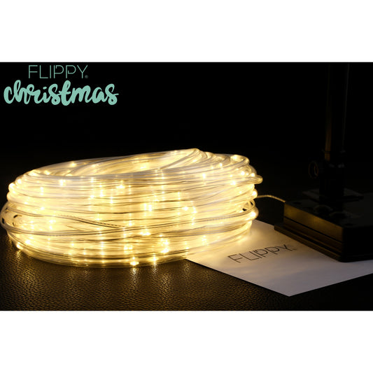 Instalatie Luminoasa de Craciun Tip Furtun, Incarcare Solara, 300 LED-uri, 8 Programe de Iluminare, Fir Cupru, Lungime 32 m, Cablu Prelungitor 2 m, Alb Cald