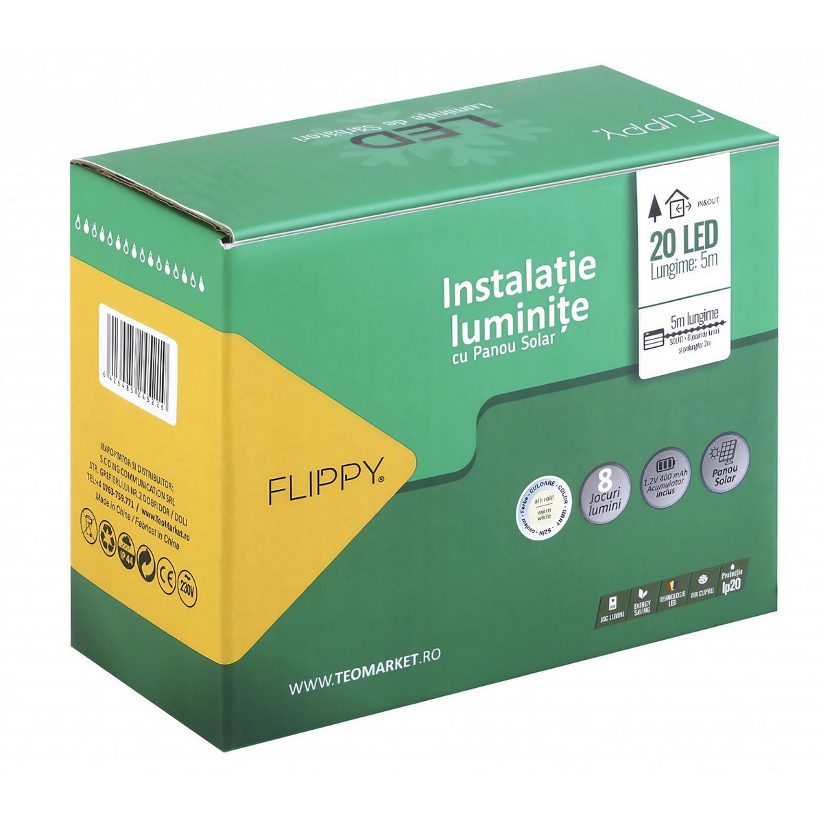 Instalatie Craciun Solara, Ghiblanda Luminoasa cu 20 LED-uri Tip Bulb, 8 Moduri de Iluminare, Senzor de Lumina, Rezistenta la Intemperii, Interior si Exterior, 5 m, Alb Cald, Cablu Verde