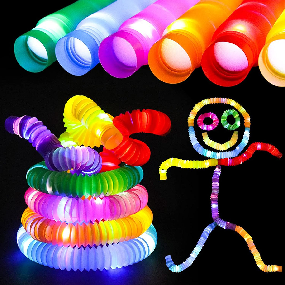 Tuburi Sensoriale Fidget Pop Tubes, cu Lumină LED, Set 6 Bucăți, Multicolor