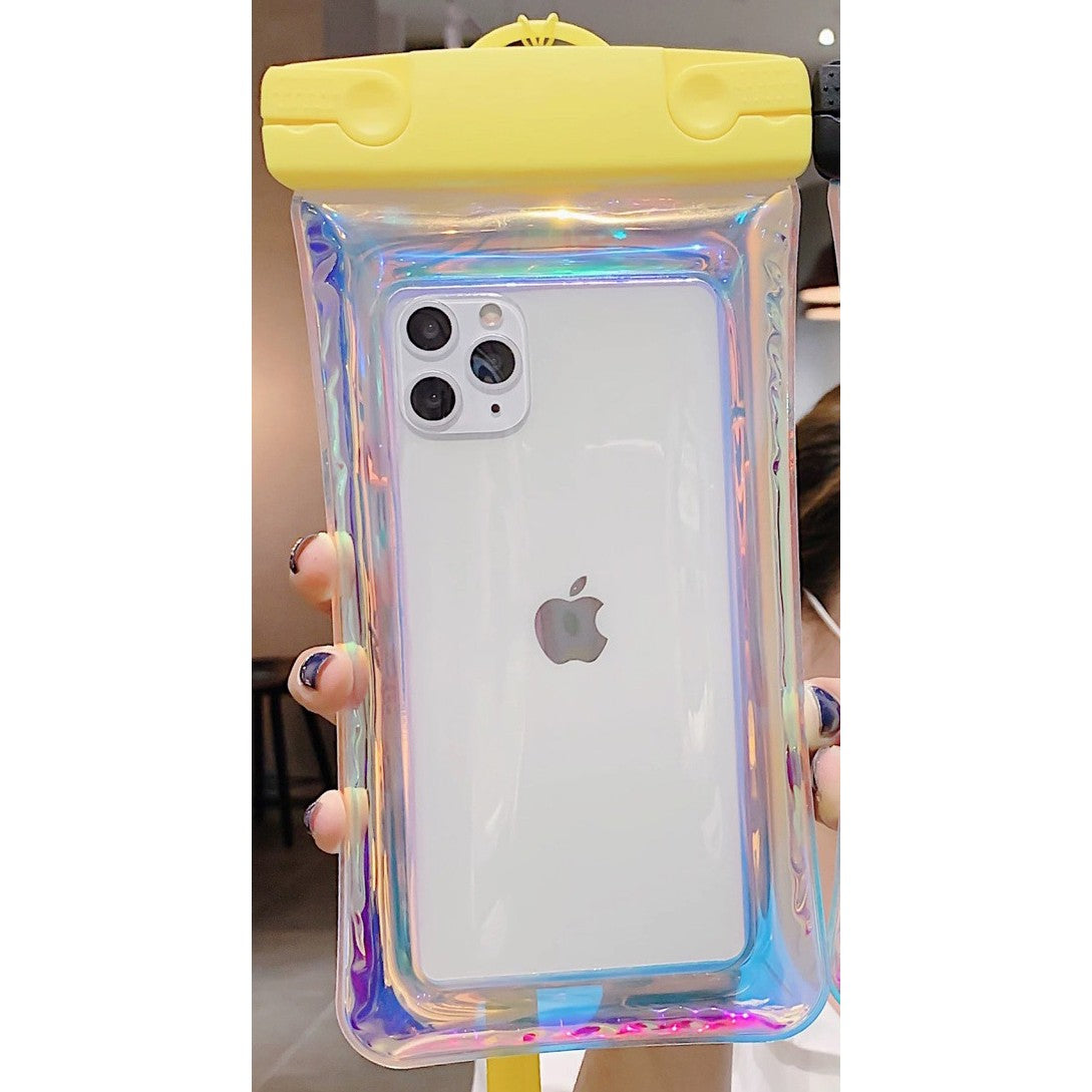 Husa Subacvatica Waterproof Universala, Protectie Impermeabila IPX8, Design Holografic cu Irizatii, pentru Telefoane pana la 6.9 inch si Documente, cu Snur de Gat, Galben