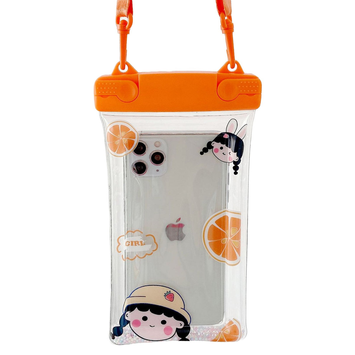 Fruity Husa Subacvatica Universala Impermeabila, Protectie IPX8 Pana la 20m, Compatibila cu Telefoane Pana la 6.9 Inch, Ecran Tactil Functional, PVC Transparent cu Snur, Orange Girl 2, Portocaliu