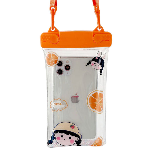 Fruity Husa Subacvatica Universala Impermeabila, Protectie IPX8 Pana la 20m, Compatibila cu Telefoane Pana la 6.9 Inch, Ecran Tactil Functional, PVC Transparent cu Snur, Orange Girl 2, Portocaliu