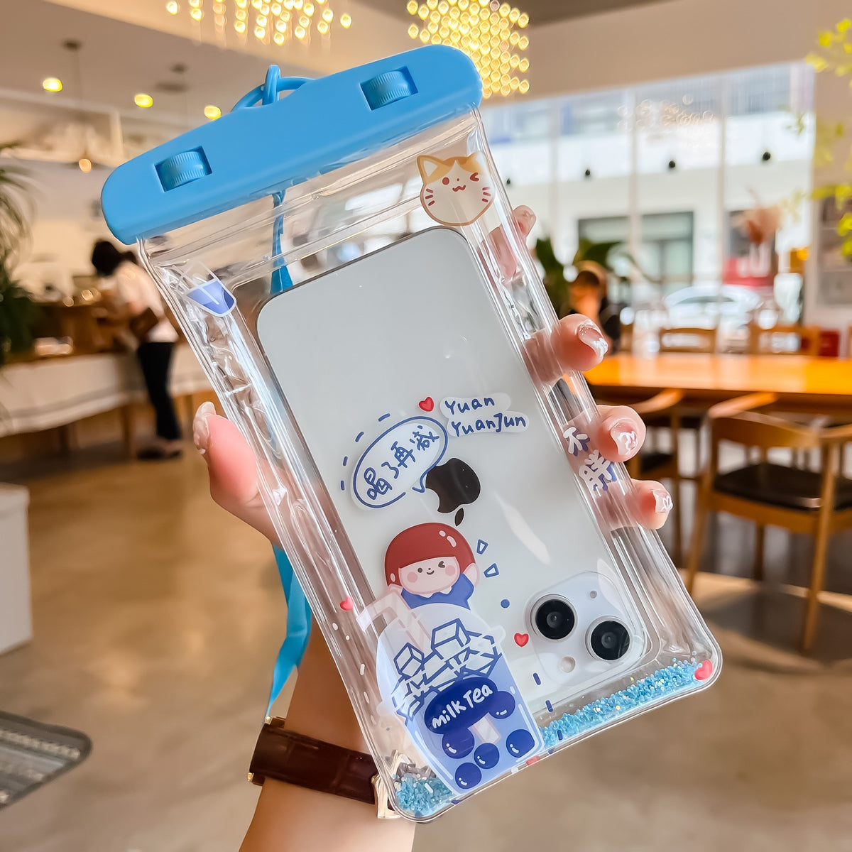Husa Subacvatica Universala Glitter Kids, Protectie IPX8 Impermeabila si Anti-Zapada, Touch Screen Sensibil, PVC Transparent cu Snur de Gat, Diagonala Maxima 6.9 Inch, Model Tea Girl, Albastru