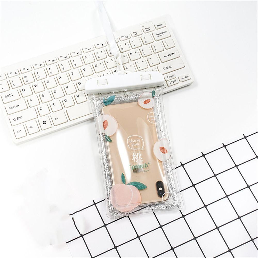 Husa Subacvatica Universala Glitter Kids, Protectie IPX8 Impermeabila si Anti-Praf, Compatibila Touchscreen, PVC Transparent cu Snur, pana la 6.9 Inch, Peach/Alb