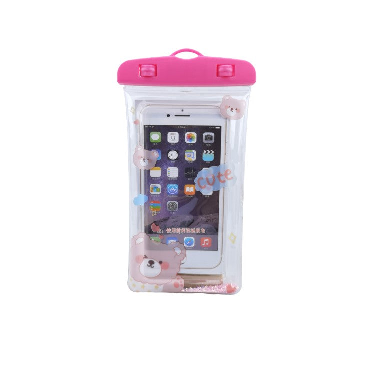Husa Subacvatica Universala Glitter Kids, Protectie Impermeabila IPX8, Transparenta cu Snur pentru Telefon pana la 6.9 inch si Documente, Model Cute Bear, Roz
