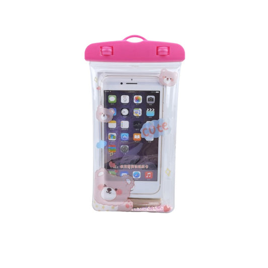 Husa Subacvatica Universala Glitter Kids, Protectie Impermeabila IPX8, Transparenta cu Snur pentru Telefon pana la 6.9 inch si Documente, Model Cute Bear, Roz
