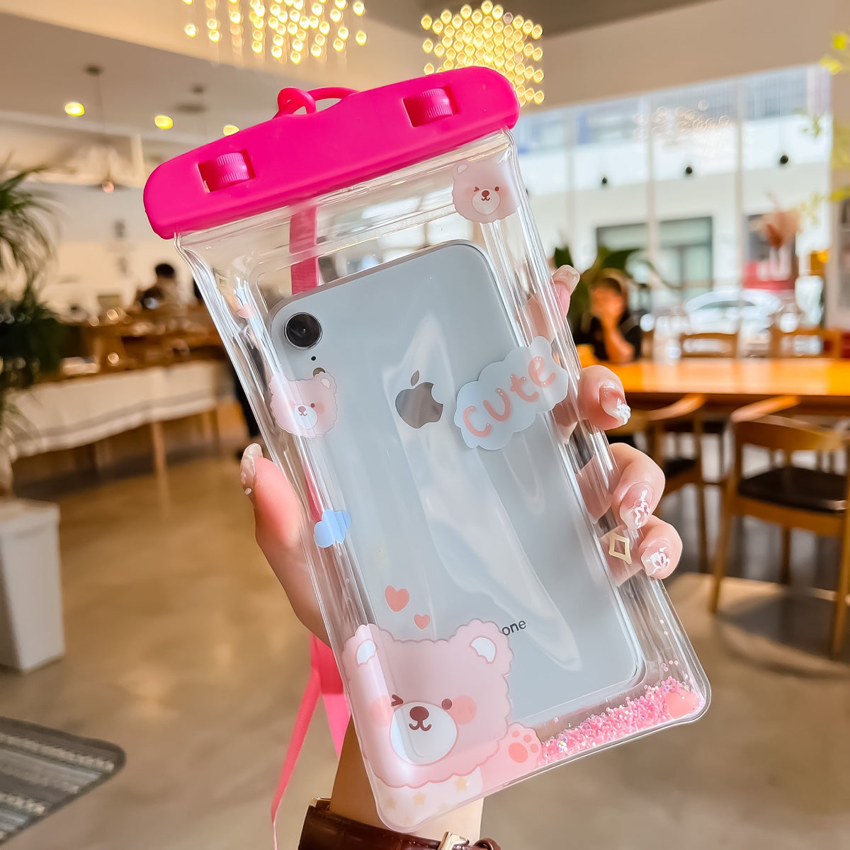 Husa Subacvatica Universala Glitter Kids, Protectie Impermeabila IPX8, Transparenta cu Snur pentru Telefon pana la 6.9 inch si Documente, Model Cute Bear, Roz