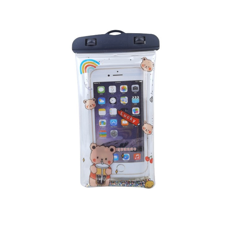 Husa Subacvatica Universala Lucky Bear, Protectie Waterproof IPX8 si Snowproof, Design cu Sclipici Glitter, Compatibila Touchscreen, Include Snur, Pentru Telefoane pana la 6.9 inch, Negru