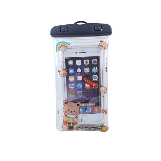 Husa Subacvatica Universala Lucky Bear, Protectie Waterproof IPX8 si Snowproof, Design cu Sclipici Glitter, Compatibila Touchscreen, Include Snur, Pentru Telefoane pana la 6.9 inch, Negru