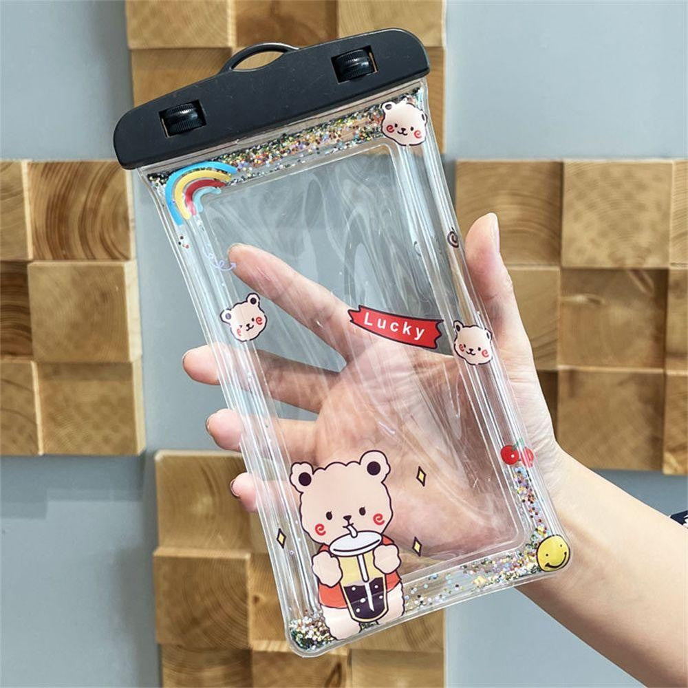 Husa Subacvatica Universala Lucky Bear, Protectie Waterproof IPX8 si Snowproof, Design cu Sclipici Glitter, Compatibila Touchscreen, Include Snur, Pentru Telefoane pana la 6.9 inch, Negru