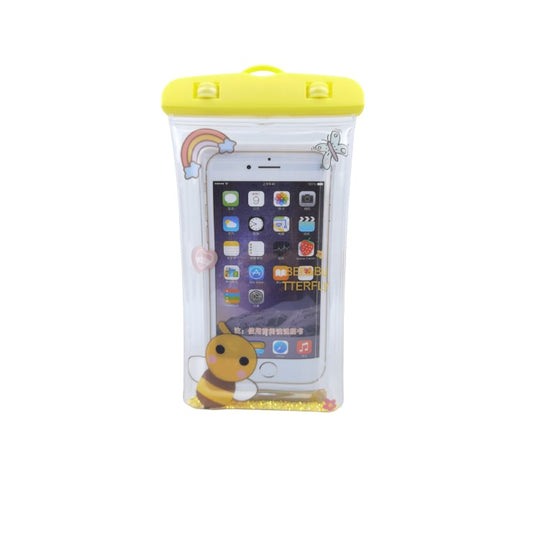 Husa Subacvatica Universala, Protectie Impermeabila IPX8 pentru Telefon si Documente, Compatibila Touchscreen, Design Glitter cu Snur, Plastic Transparent, Pana la 6.9 Inch, Model Bee, Galben