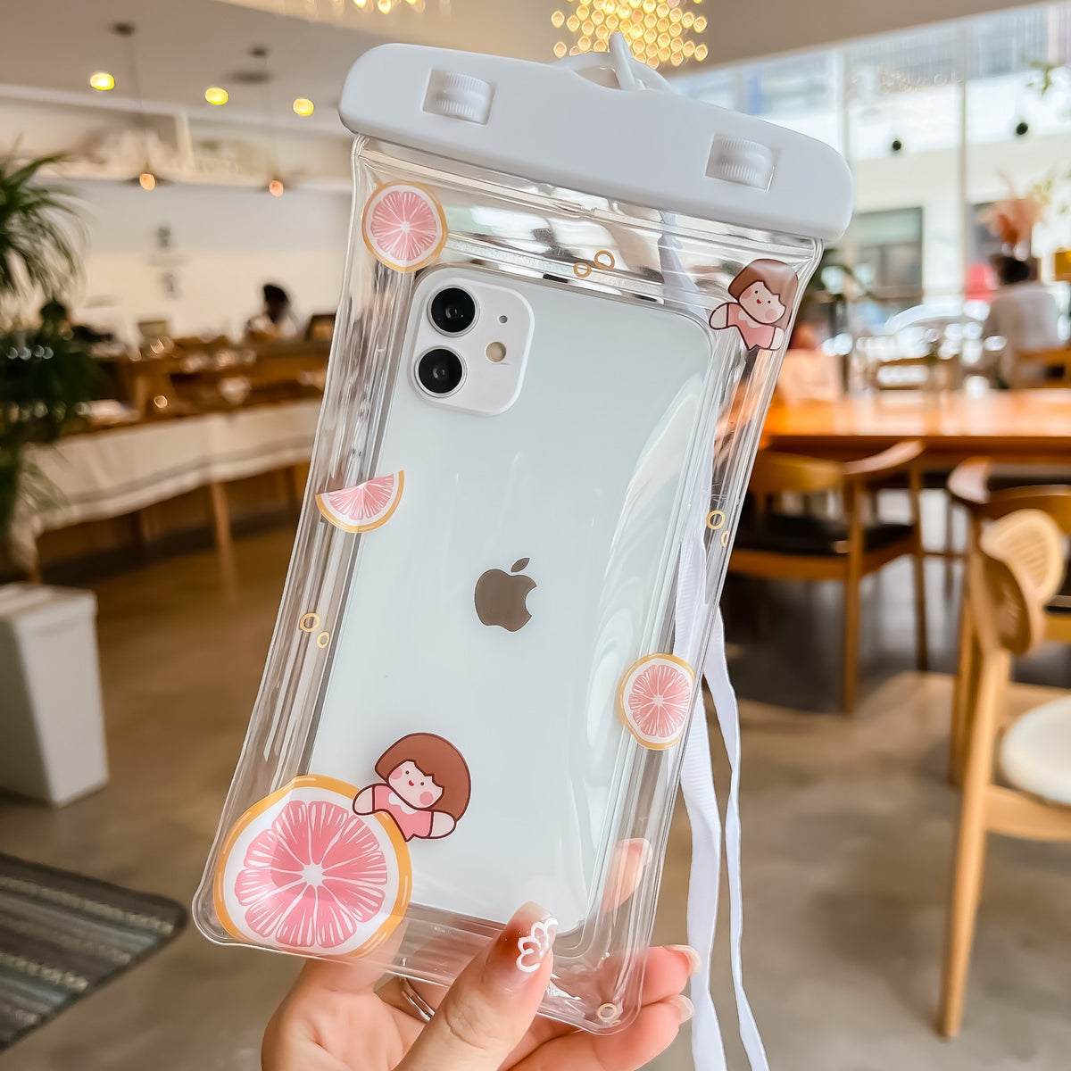 Husa Subacvatica Universala, Protectie Waterproof IPX8 si Snowproof, Transparenta cu Functie Touchscreen, Ecran maxim 6.9 inch, Snur Inclus, Model Grapefruit Girl, Alb