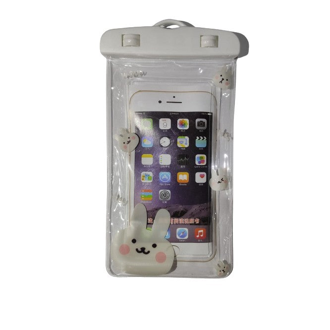 Husa Subacvatica Kids Waterproof pentru Telefon si Documente, Protectie IPX8 Impermeabila, Snowproof cu Touch Screen, Design Irizatii Bunny cu Snur, pana la 6.9 Inch, Alb