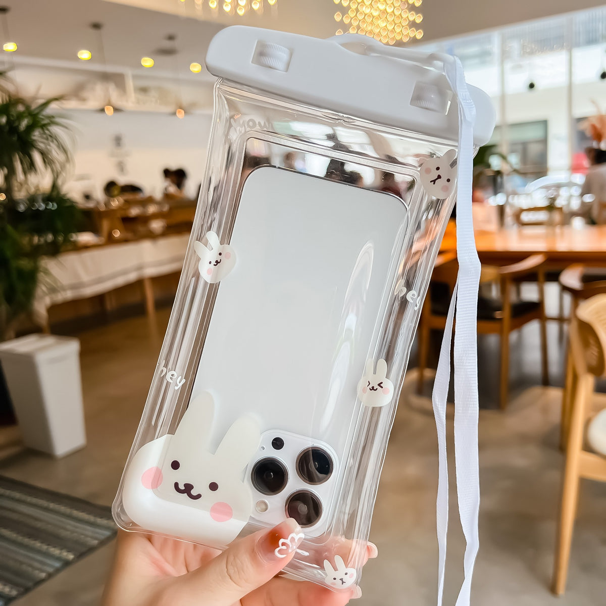 Husa Subacvatica Kids Waterproof pentru Telefon si Documente, Protectie IPX8 Impermeabila, Snowproof cu Touch Screen, Design Irizatii Bunny cu Snur, pana la 6.9 Inch, Alb