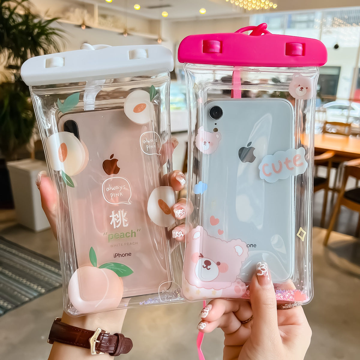 Husa Subacvatica Waterproof Glitter Kids, Protectie Universala Telefon si Documente, Snowproof si Dustproof, Design Ergonomic cu Snur, Peach si Alb