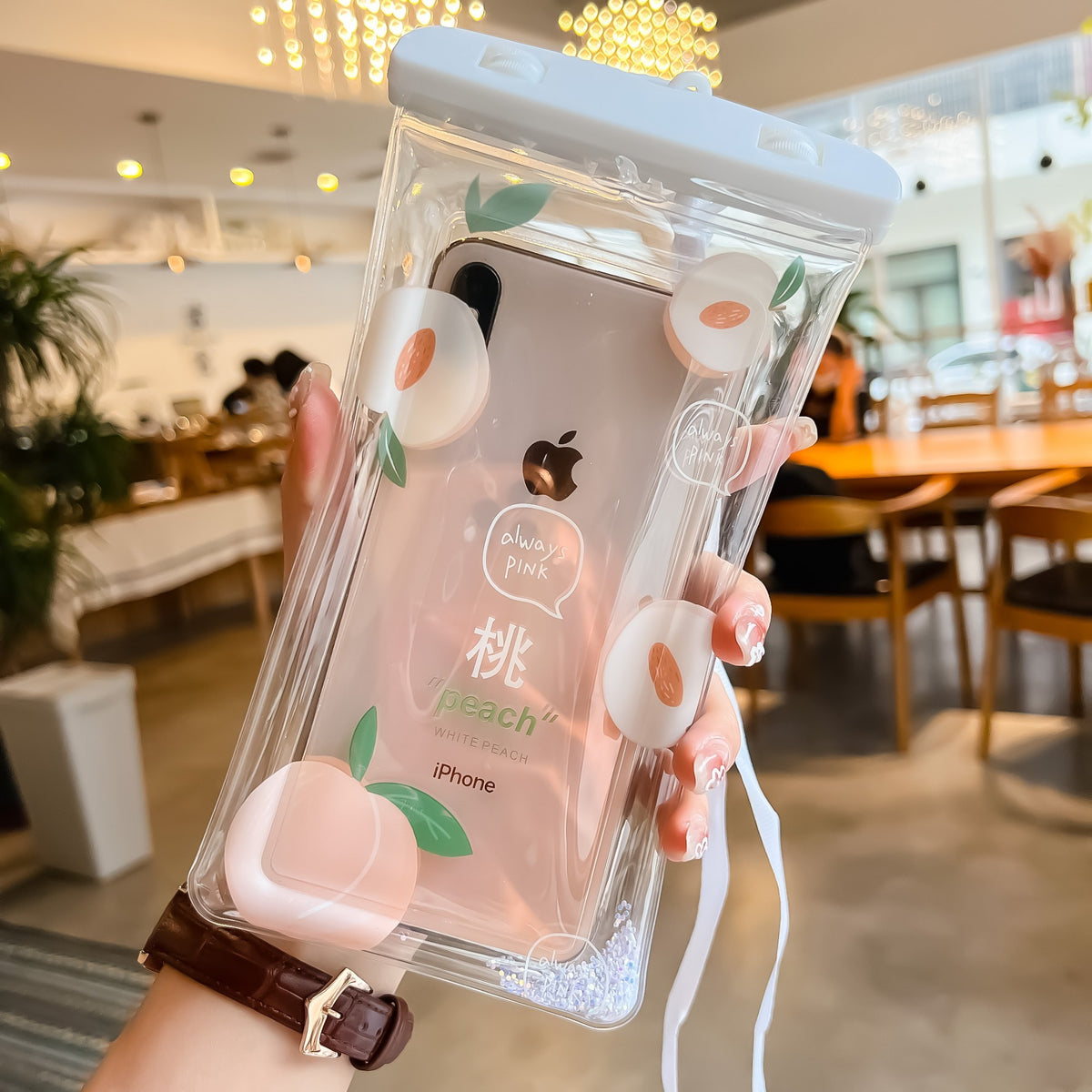 Husa Subacvatica Waterproof Glitter Kids, Protectie Universala Telefon si Documente, Snowproof si Dustproof, Design Ergonomic cu Snur, Peach si Alb