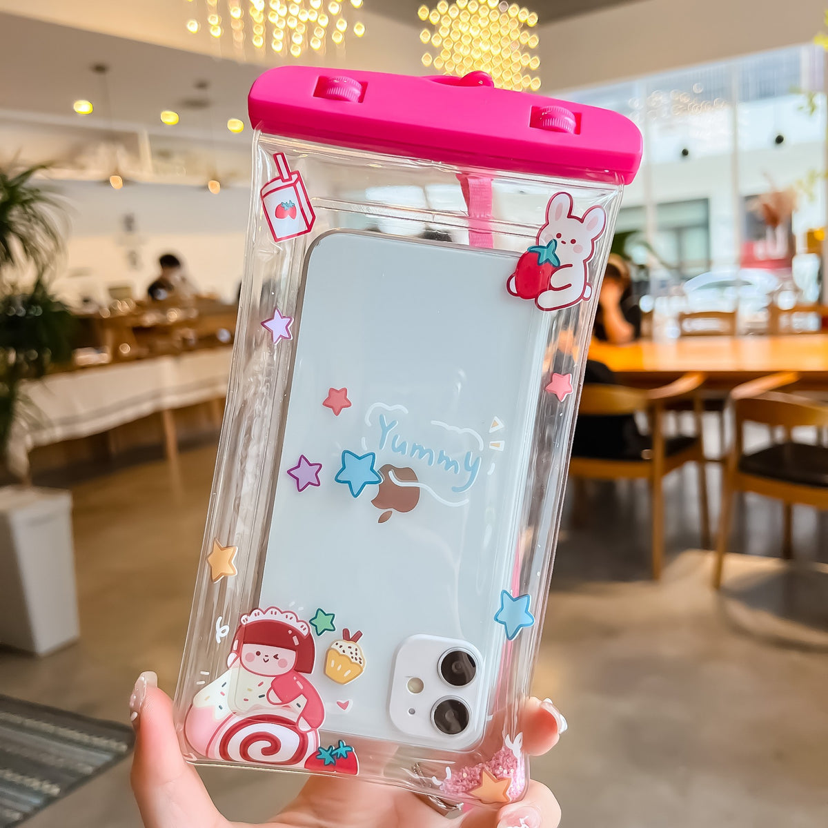 Husa Subacvatica Universala Glitter Kids, Protectie Impermeabila IPX8, Transparenta cu Touch Screen, pentru Telefon pana la 6.9 inch sau Documente, Include Snur Gat, Model Sweet Girl, Roz