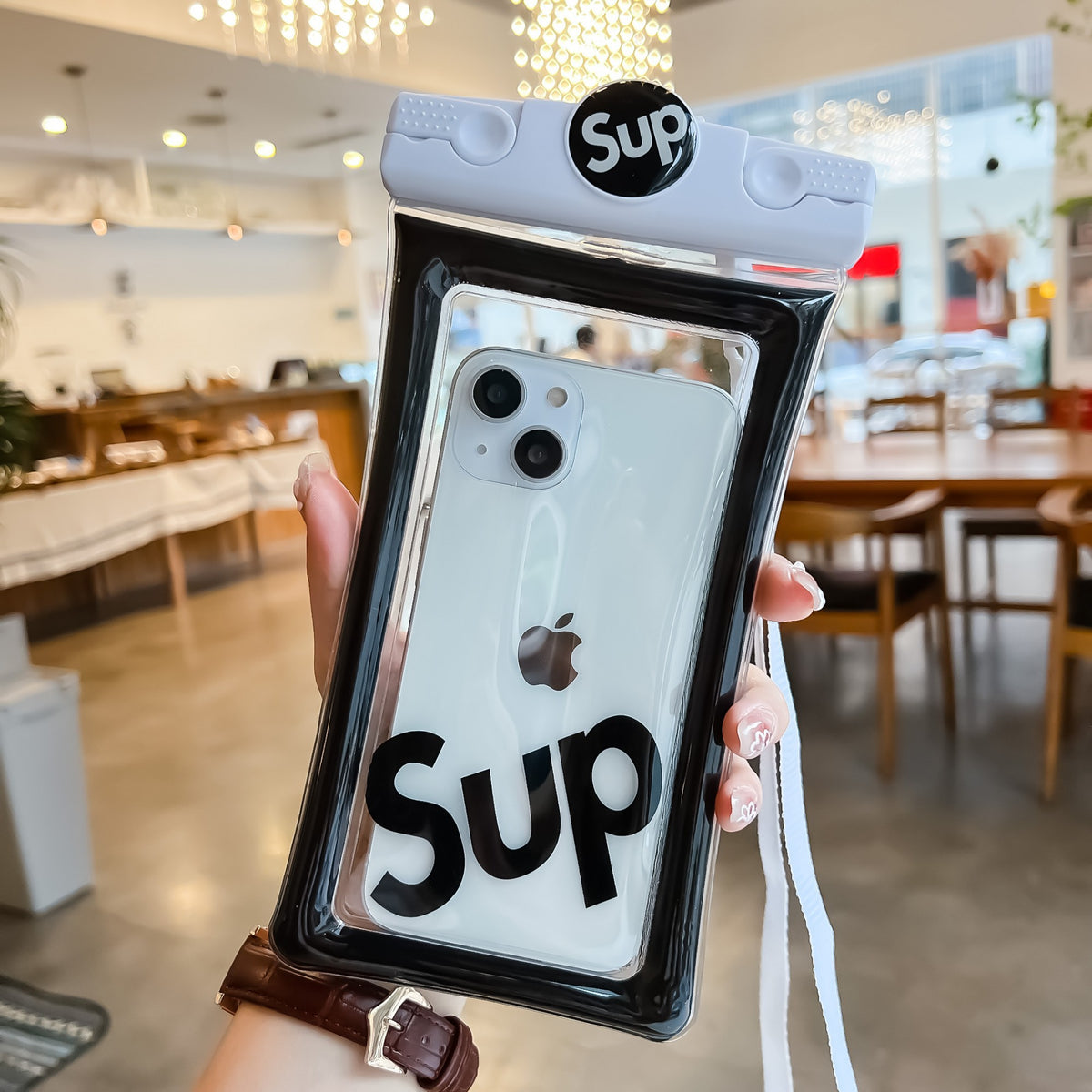 Mascot Husa Subacvatica Waterproof si Impermeabila, Protectie IPX8 pana la 20m, Compatibila Touchscreen, Material Transparent cu Snur inclus, Universala pana la 6.9 inch, Alb-Negru