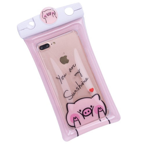 Mascot Husa Subacvatica Waterproof si Snowproof, Protectie IPX8 Pana la 20m, Etansa cu Touch Screen si Snur, PVC Transparent, Universala Pana la 6.9 Inch, Model Piggy, Roz
