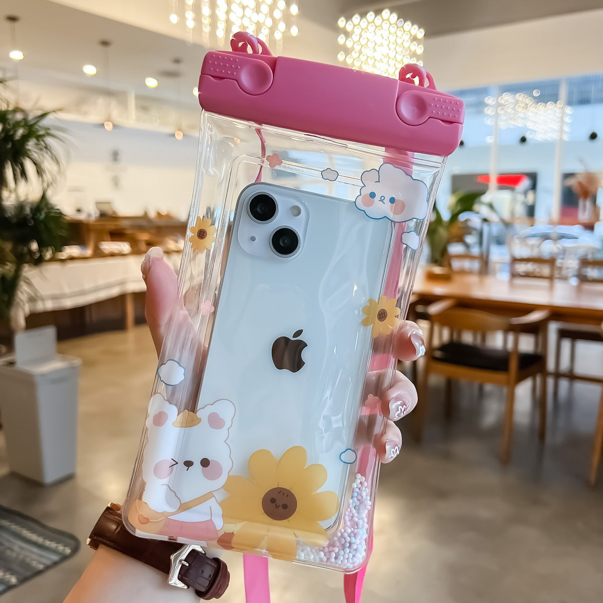 Fruity Husa Subacvatica Universala, Protectie Impermeabila IPX8, Transparenta cu Functie Touchscreen si Snur inclus, Plastic PVC, Pana la 6.9 Inch, Flower Bear Roz