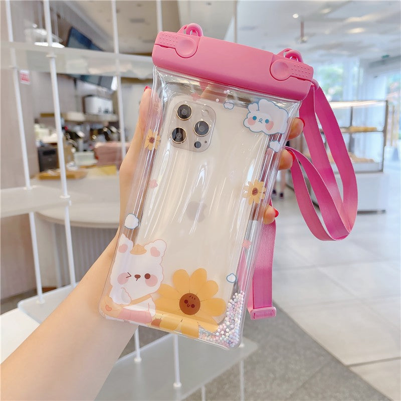 Fruity Husa Subacvatica Universala, Protectie Impermeabila IPX8, Transparenta cu Functie Touchscreen si Snur inclus, Plastic PVC, Pana la 6.9 Inch, Flower Bear Roz