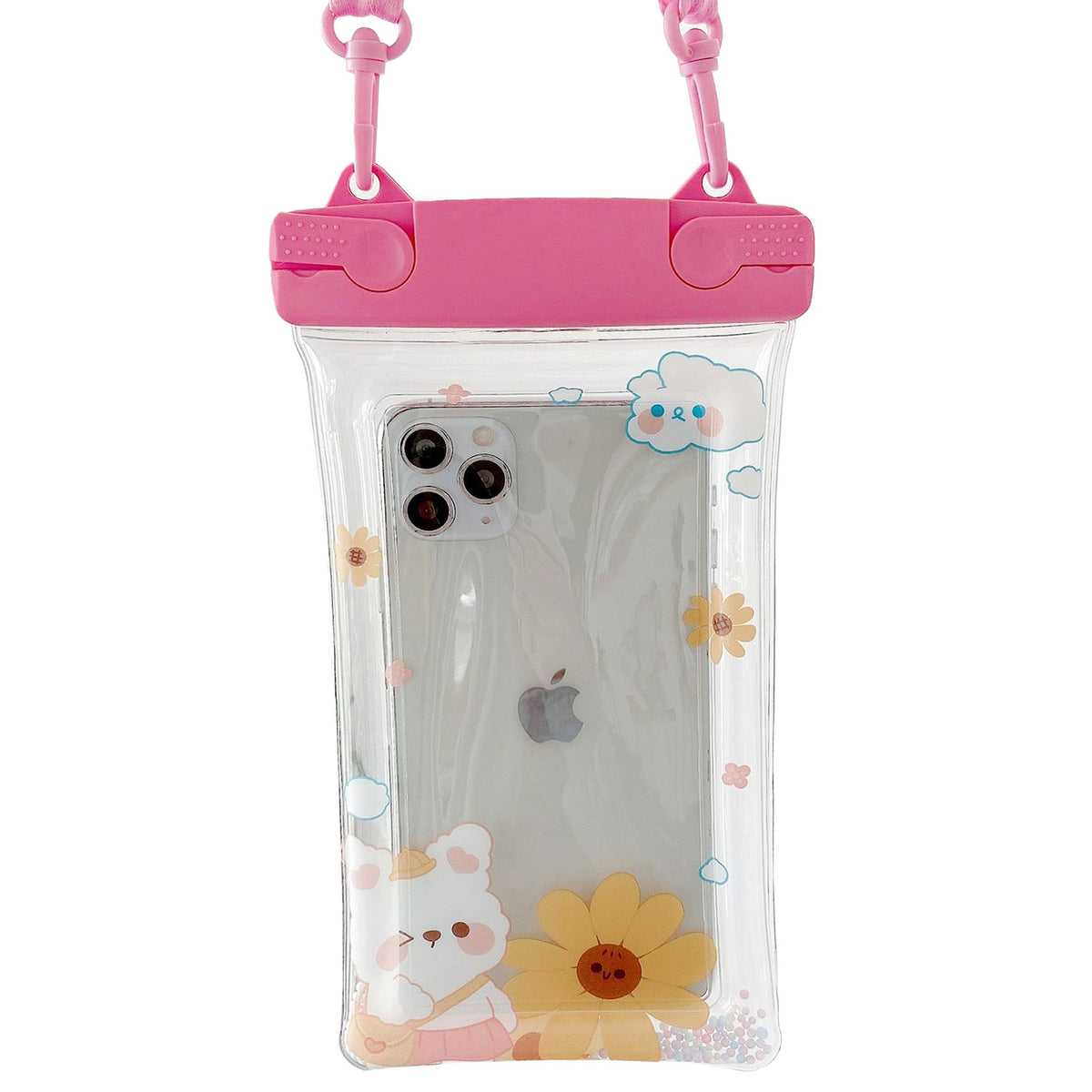 Fruity Husa Subacvatica Universala, Protectie Impermeabila IPX8, Transparenta cu Functie Touchscreen si Snur inclus, Plastic PVC, Pana la 6.9 Inch, Flower Bear Roz