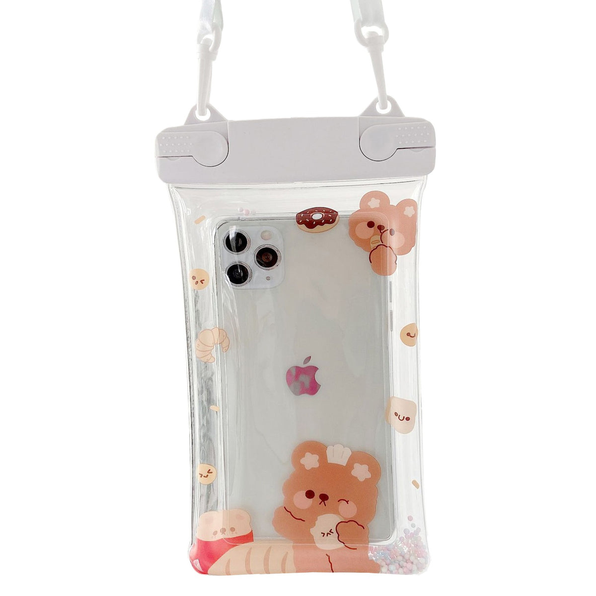 Fruity Husa Subacvatica Universala, Impermeabila IPX8 cu Snur, Protectie Telefon si Documente pana la 6.9 inch, PVC Transparent, Model Pan Bear, Alb-Transparent
