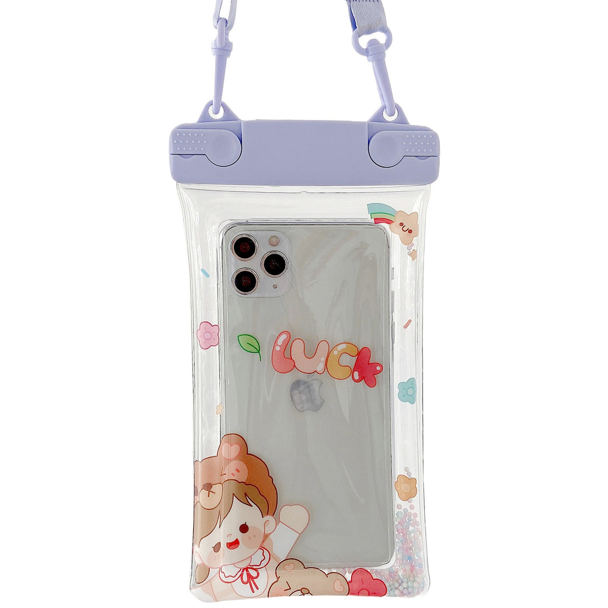 Husa Subacvatica Fruity, Protectie Impermeabila IPX8 pentru Telefon si Documente, Compatibilitate Universala pana la 6.9 inch, Snur Inclus, Transparent si Mov