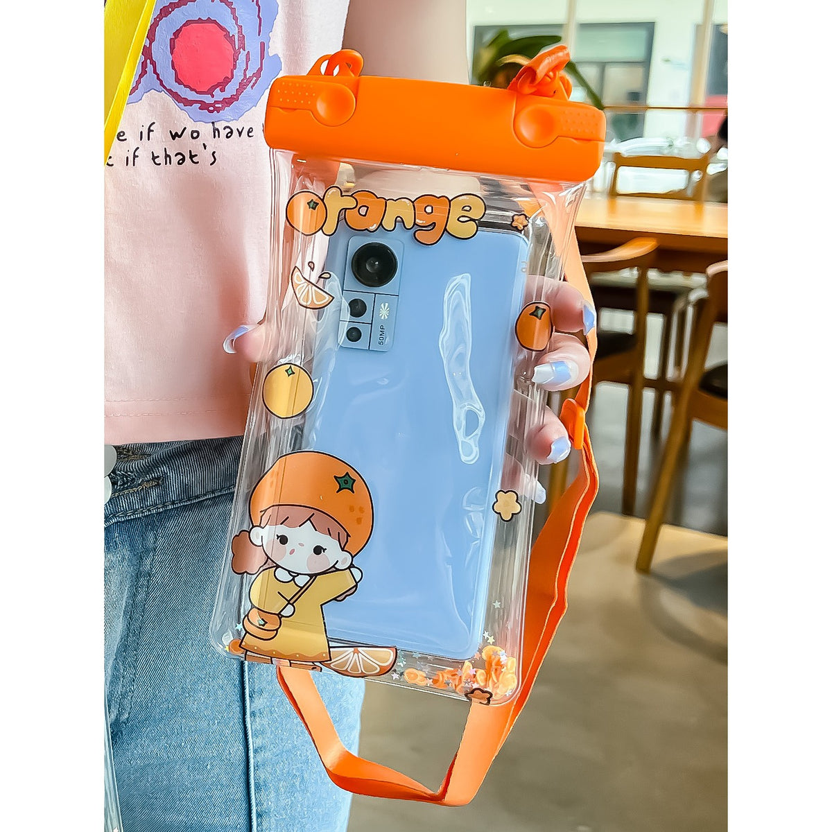 Husa Subacvatica Waterproof, Protectie IPX8 Impermeabila Telefon si Documente, Compatibilitate Universala pana la 6.9 inch, Transparenta cu Snur, Orange Girl, Portocaliu