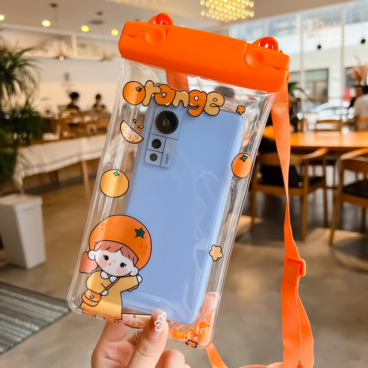 Husa Subacvatica Waterproof, Protectie IPX8 Impermeabila Telefon si Documente, Compatibilitate Universala pana la 6.9 inch, Transparenta cu Snur, Orange Girl, Portocaliu